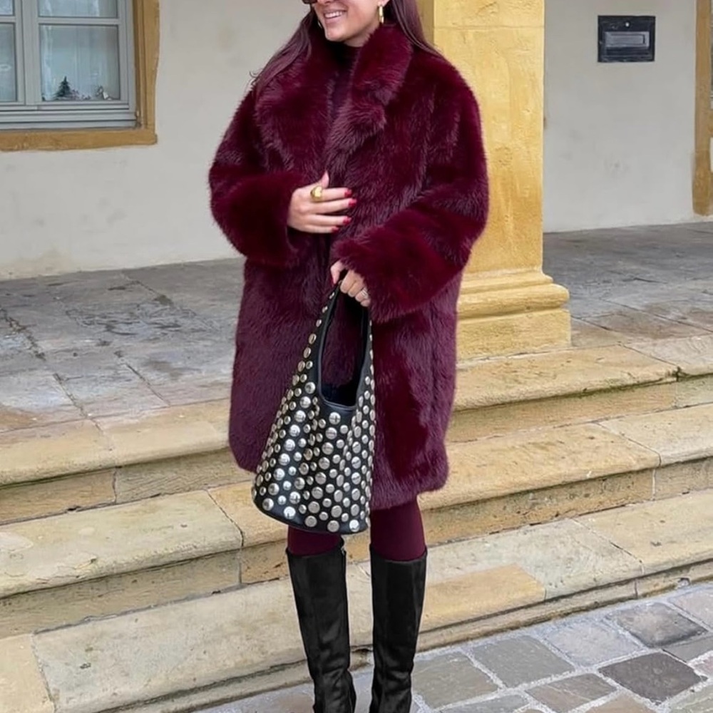 Women's Burgundy Faux Fur Coat